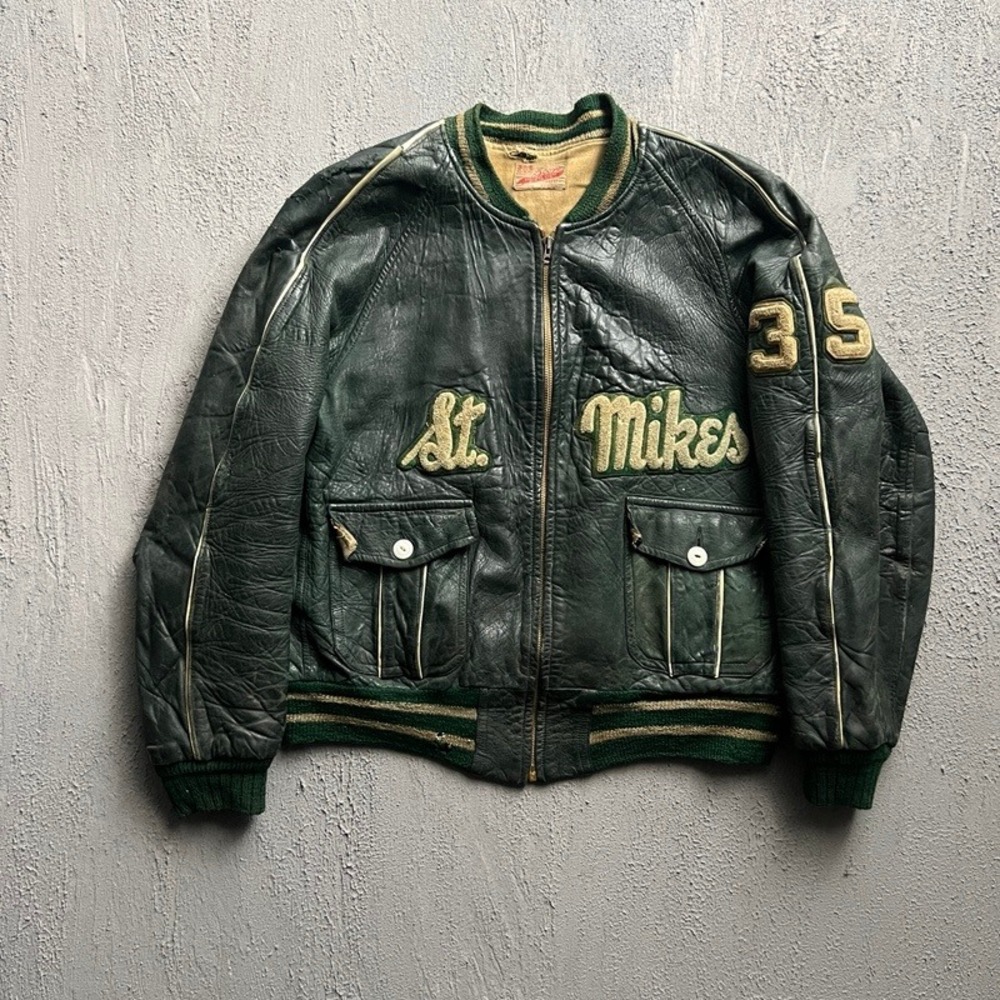 Vintage St Michael College Varsity Jacket Medium Green 1940s Leather Toronto